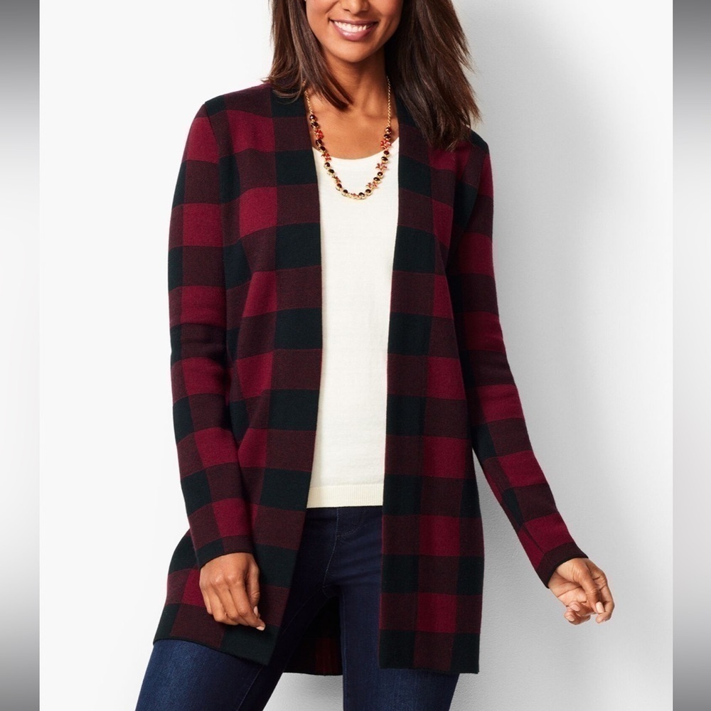 Talbots Buffalo Plaid Merino Wool Long Sleeve Open Front Cardigan Sweater Size M